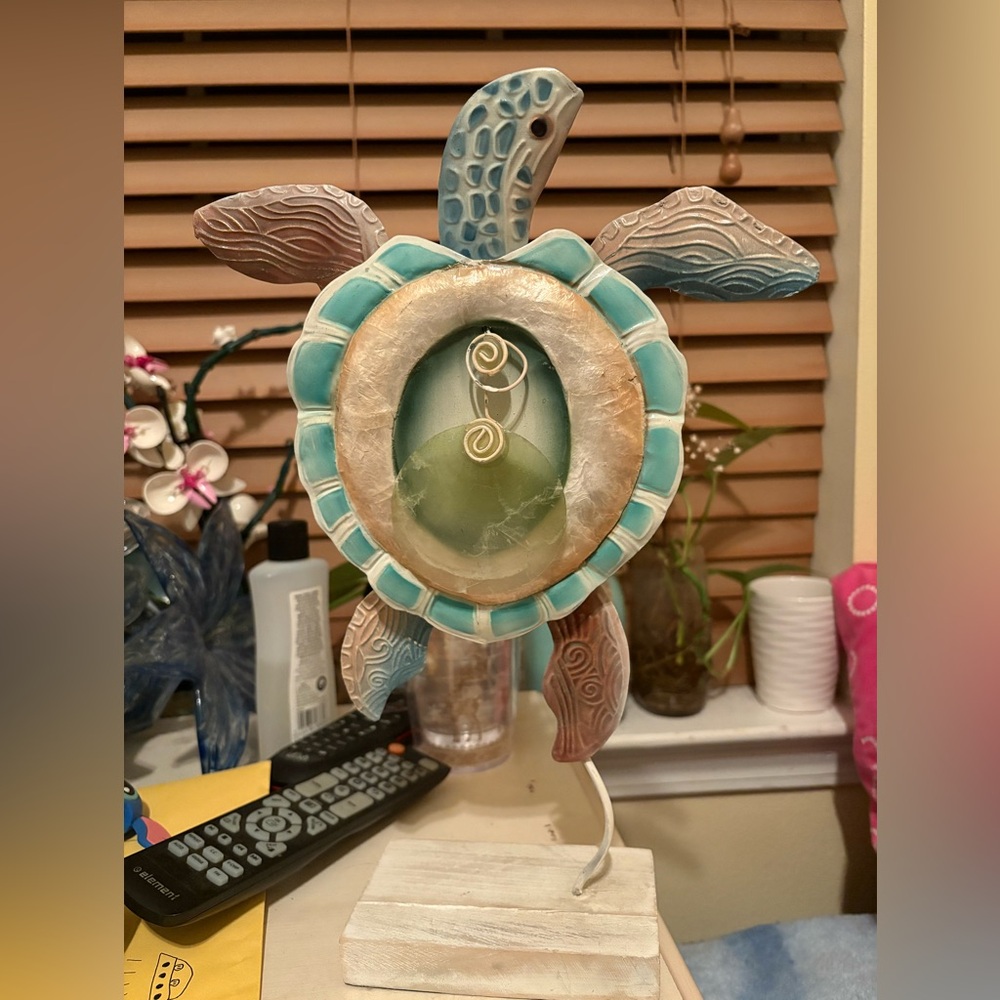 Artistic Turtle Sculpture with Teal and Brown Accents